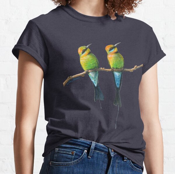 Rainbow Bee-Eaters Watercolour Design - Blue Background Classic T-Shirt