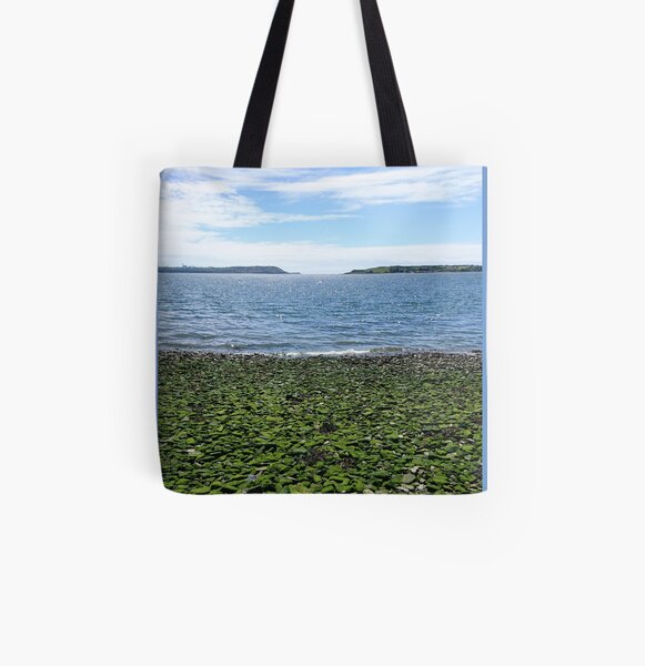 Green pebbles, sea and cloud, Cobh, Ireland (vertical) All Over Print Tote Bag