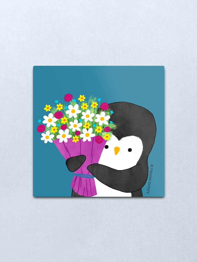 Alternate view of Penguin with Flowers Metal Print