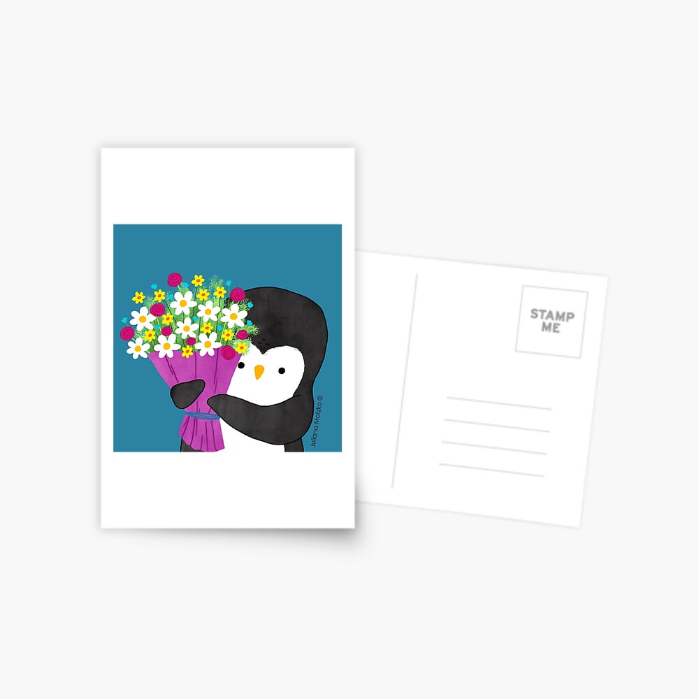 Penguin with Flowers Postcard