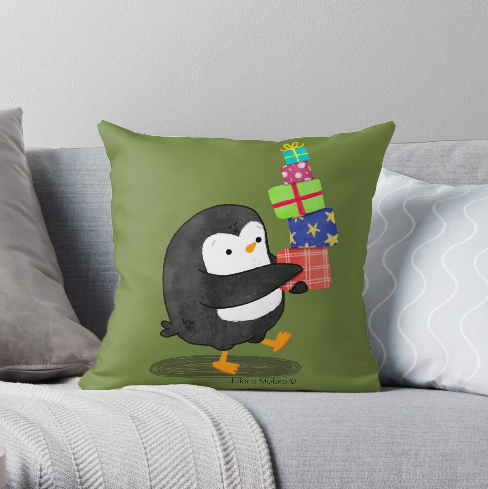 Penguin with some Gifts Throw Pillow
