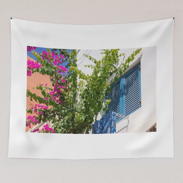 Item preview, Pink bougainvillea climber and blue shutters in Greece. designed and sold by Anne Scantlebury.