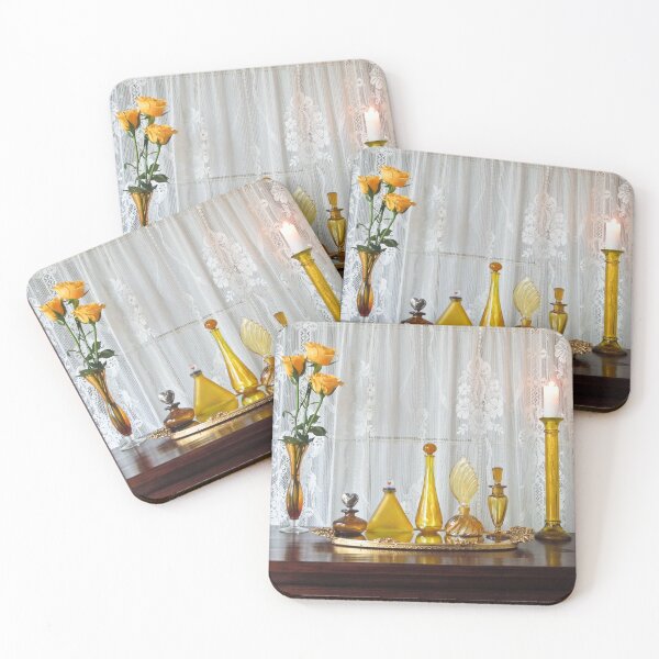 Item preview, Still Life Vintage Yellow Perfume Bottles designed and sold by ginawaltersdorf.
