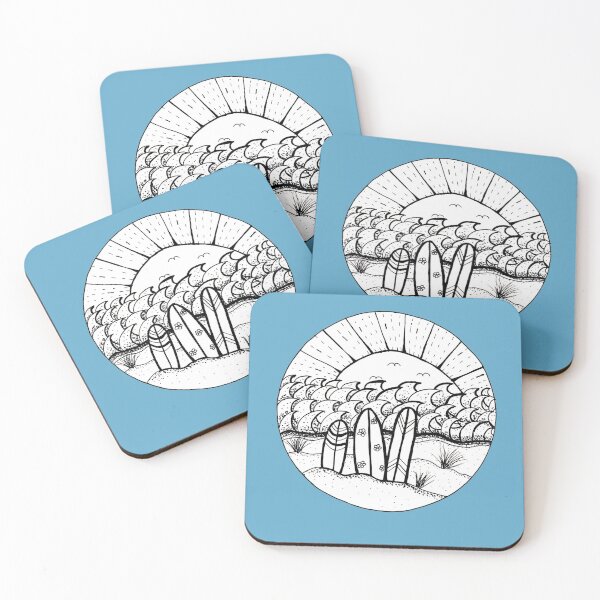 Item preview, Surfboards at the Beach Ink Illustration with light blue background designed and sold by Sandra Connelly.