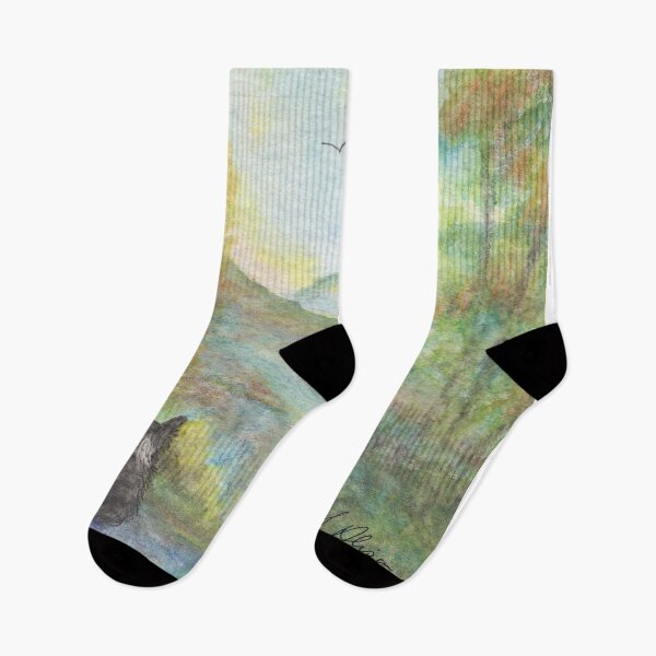 Item preview, A Border Collie dog looks out at the hills towering above him. designed and sold by SusanAlisonArt.