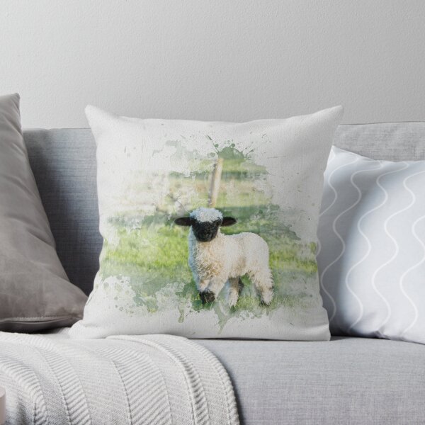 Valais Blacknose Sheep Watercolour Photograph Throw Pillow