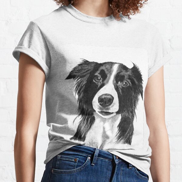 WOMENS BORDER COLLIE DOG SKETCH T SHIRT PETS BEST FRIEND HOUND POOCH