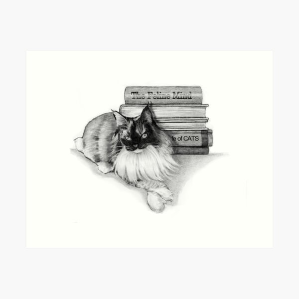 Cute Little Girl Standing on Stack of Books Pencil Drawing | Art Print