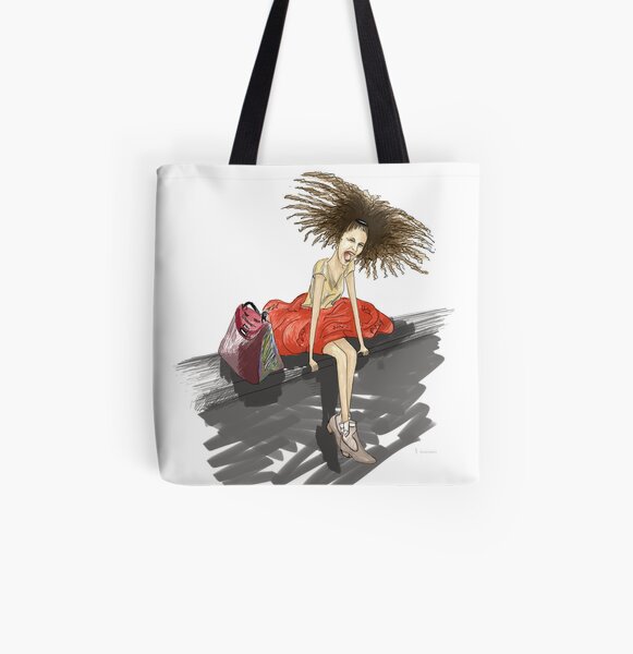 Modezeichnung einer Lady mit viel Haar Allover-Print Tote Bag