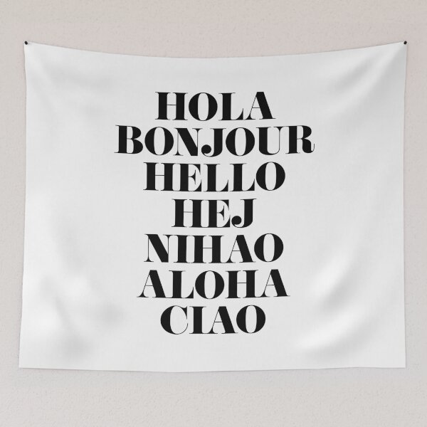 Item preview, Hola Bonjour Hello, Greeting In Different Languages, Hello Ciao, Black White, Typography, Modern Decoration, Office Space designed and sold by designclaw.