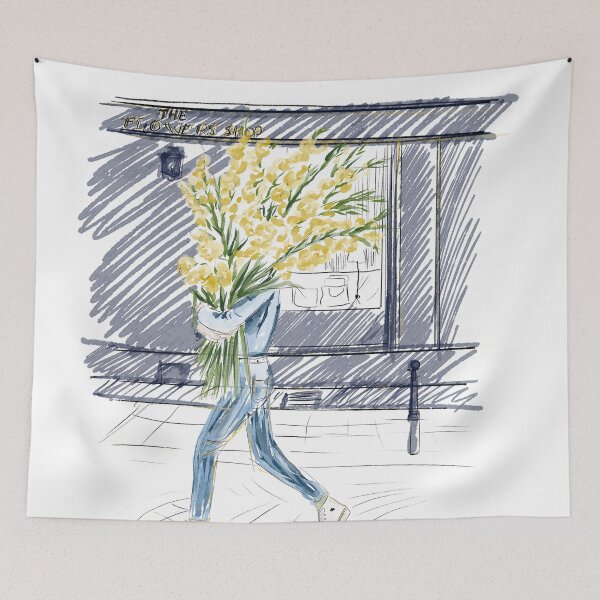 Item preview, girl with yellow flowers bouquet designed and sold by emkei3.