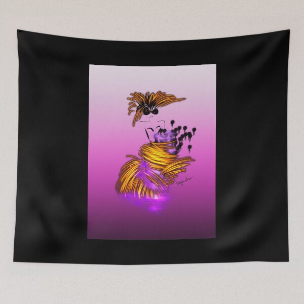 Item preview, Fashion model illustration in gold and violet, pink gradient background  designed and sold by PetaJaneDesigns.