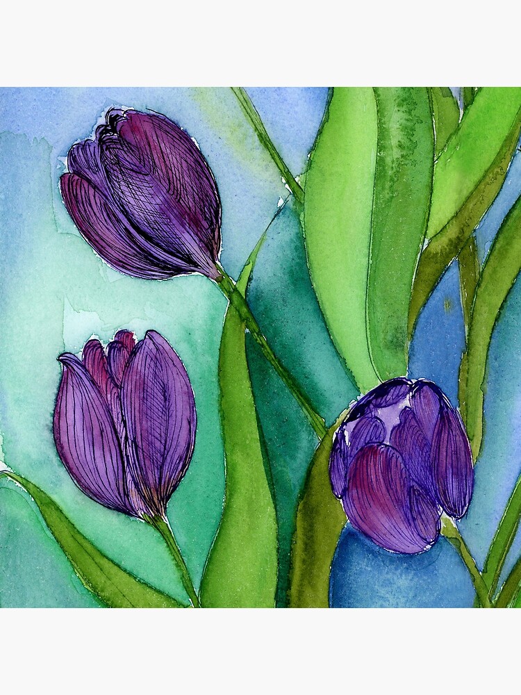 Purple Tulip Flowers Watercolour Painting Artwork Art Board Print