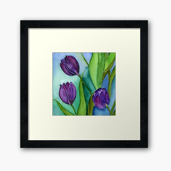 Purple Tulip Flowers Watercolour Painting Artwork Framed Art Print
