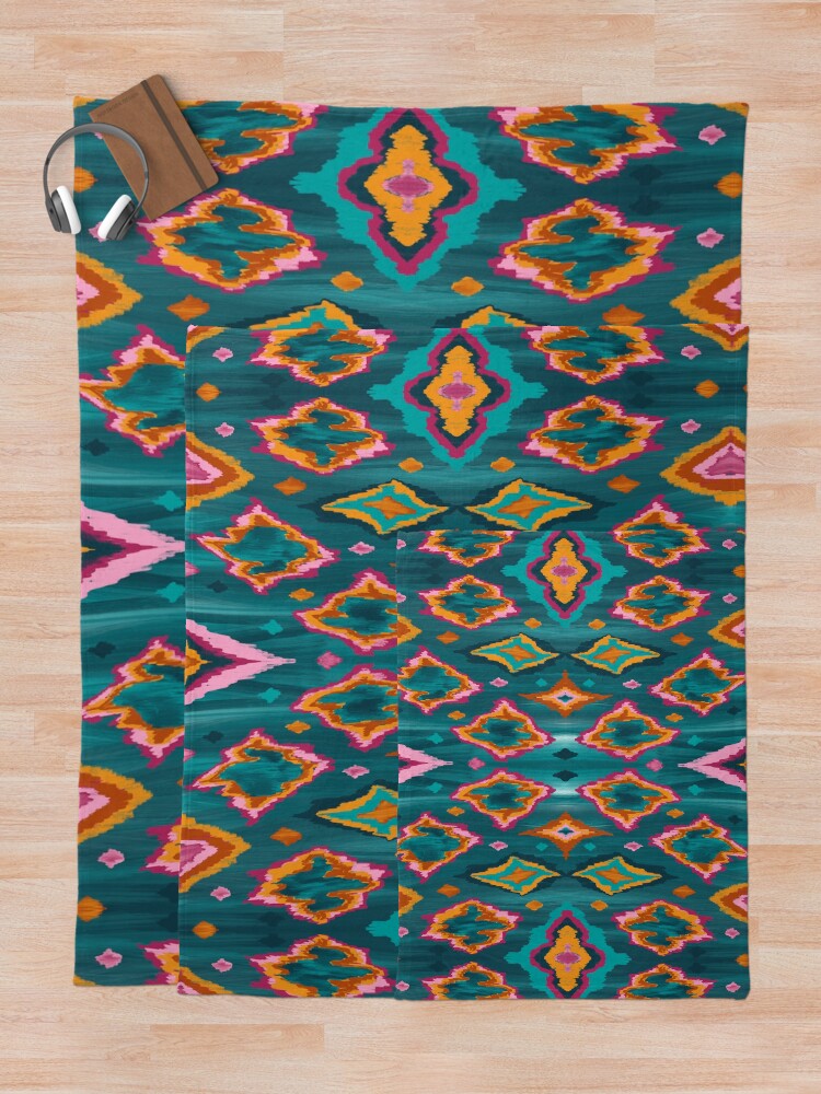Alternate view of Diamond ikat in teal and orange Throw Blanket