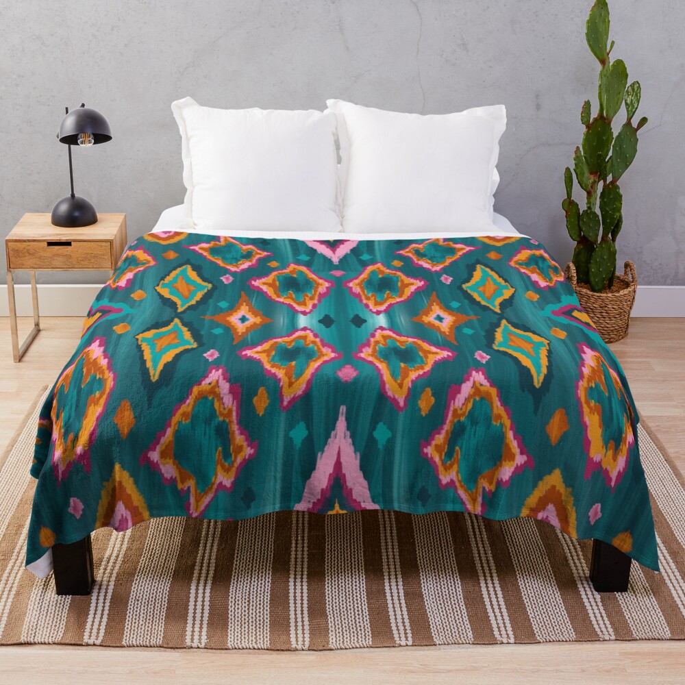 Diamond ikat in teal and orange Throw Blanket