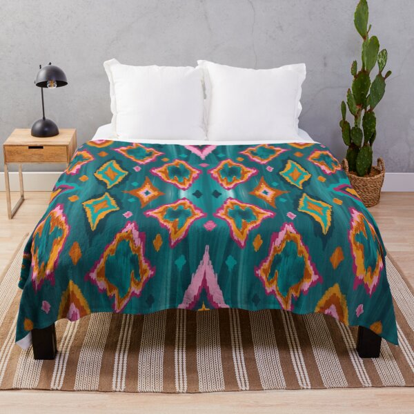 Diamond ikat in teal and orange Throw Blanket