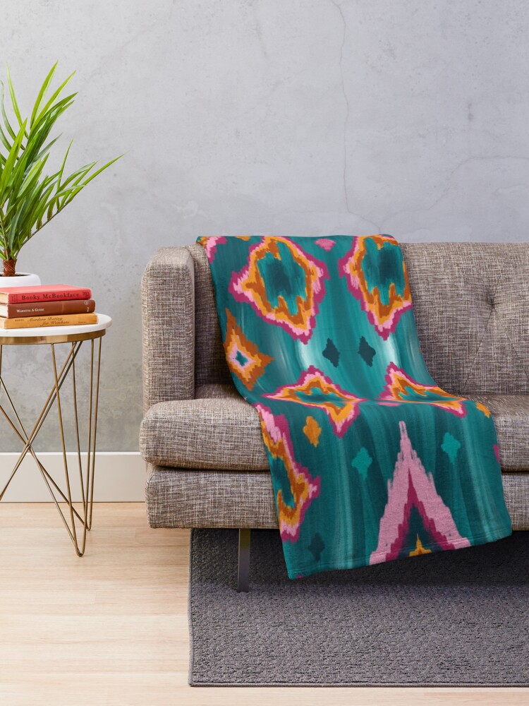 Alternate view of Diamond ikat in teal and orange Throw Blanket