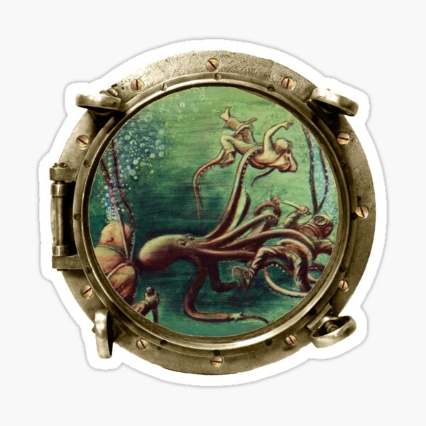 Aperçu de l'œuvre Vue du hublot de plongeurs vintage avec des casques de plongée et une pieuvre créée et vendue par urmaddad.