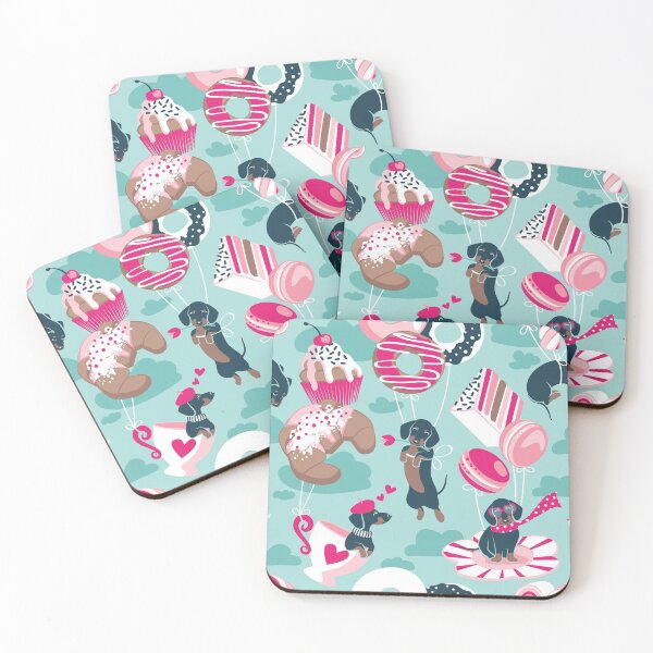 Item preview, Pastel café sweet love dream // aqua background fuchsia pink pastry details blue dachshund dog puppies designed and sold by SelmaCardoso.