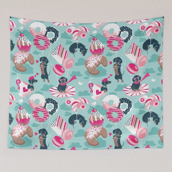 Item preview, Pastel café sweet love dream // aqua background fuchsia pink pastry details blue dachshund dog puppies designed and sold by SelmaCardoso.
