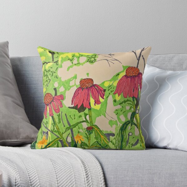 Cone Flowers Sketch and Colour Throw Pillow