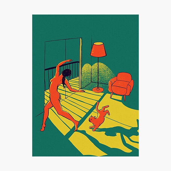 Dancing with the cat | Moody sunset light and shadows | Aesthetic room | lets dance Naked | Red Green Yellow | Sunlight | Alone at Home | Balcony | Lets dance Pawfect Buddies | Alone Time Introvert Photographic Print