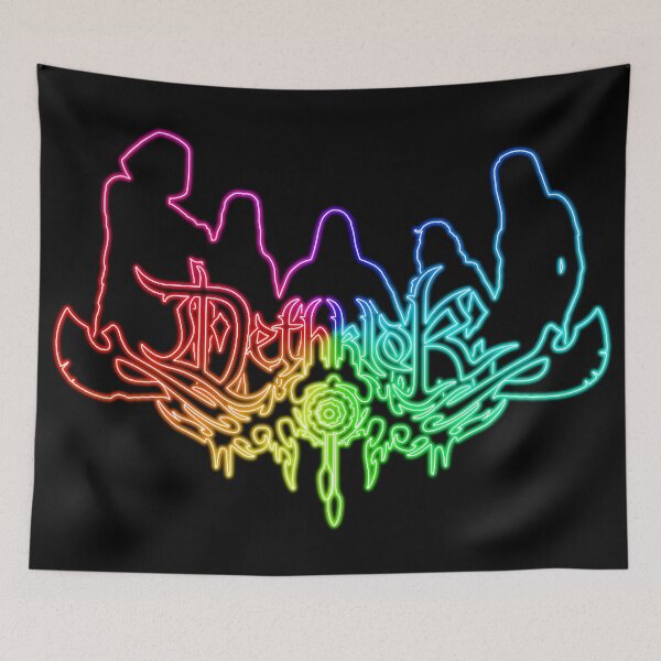 Item preview, Rainbow Neon Sign Dethklok Logo with Band Member Silhouette on Black designed and sold by gkillerb.