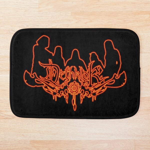 Aperçu de l'œuvre Burning Flames Neon Sign Dethklok Logo avec Silhouette de membre de bande sur fond noir créée et vendue par gkillerb.