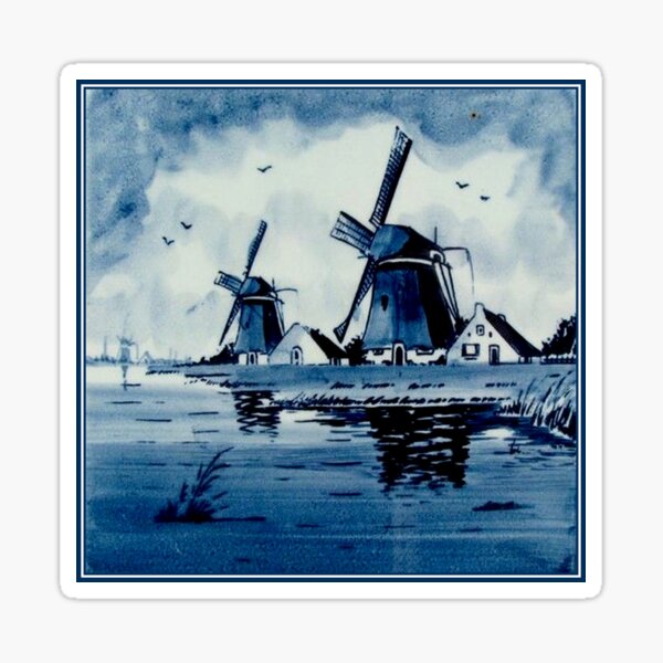 DUTCH BLUE DELFT : Vintage Windmills Print Sticker
