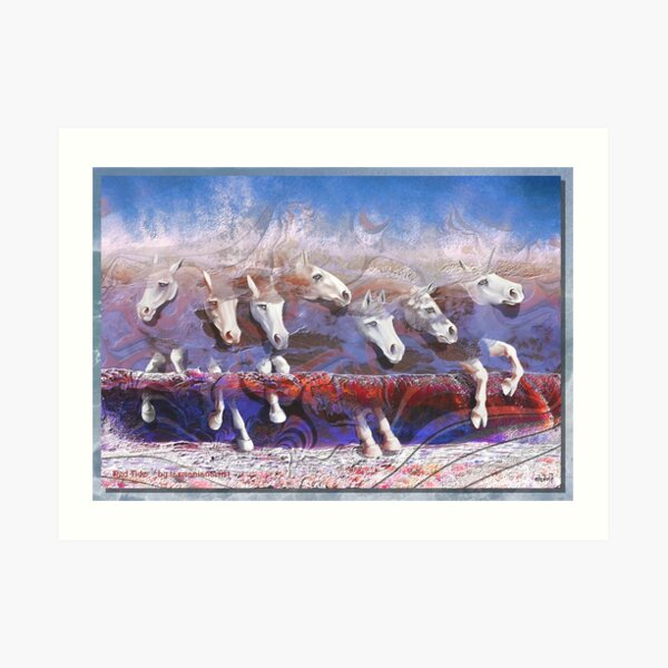 D1G1TAL-M00DZ ~ GALLIMAUFRY ~ ESOTERICA ~ Wave Horses and Unicorn on Red Tide by tasmanianartist 220420 Art Print
