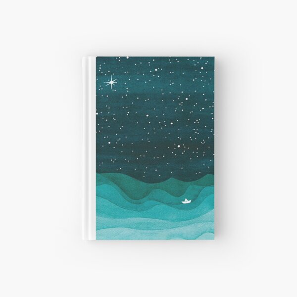 Starry Ocean, teal sailboat watercolor sea waves night Hardcover Journal
