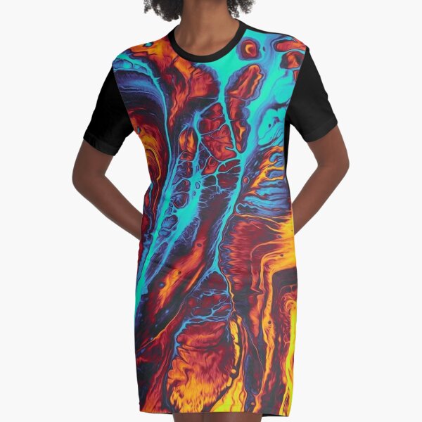 Holographic Tie and dye blue sky red - FIRE & WATER Graphic T-Shirt Dress
