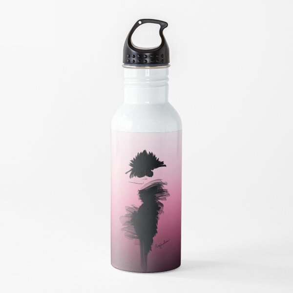 Fashion model illustration in little black dress, pink background Water Bottle