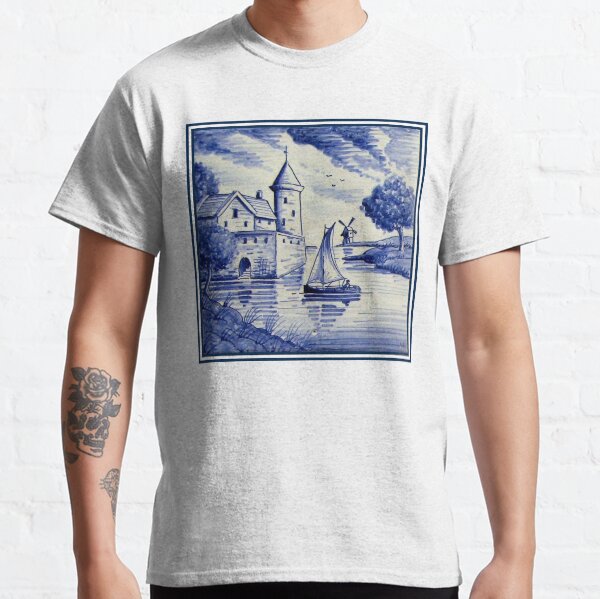 DUTCH BLUE DELFT : Vintage Castle, Sailboat and Windmill Print Classic T-Shirt