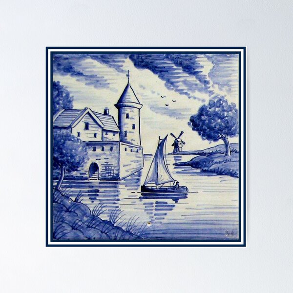 Aperçu de l'œuvre DUTCH BLUE DELFT: Château vintage, voilier et moulin à vent créée et vendue par posterbobs.
