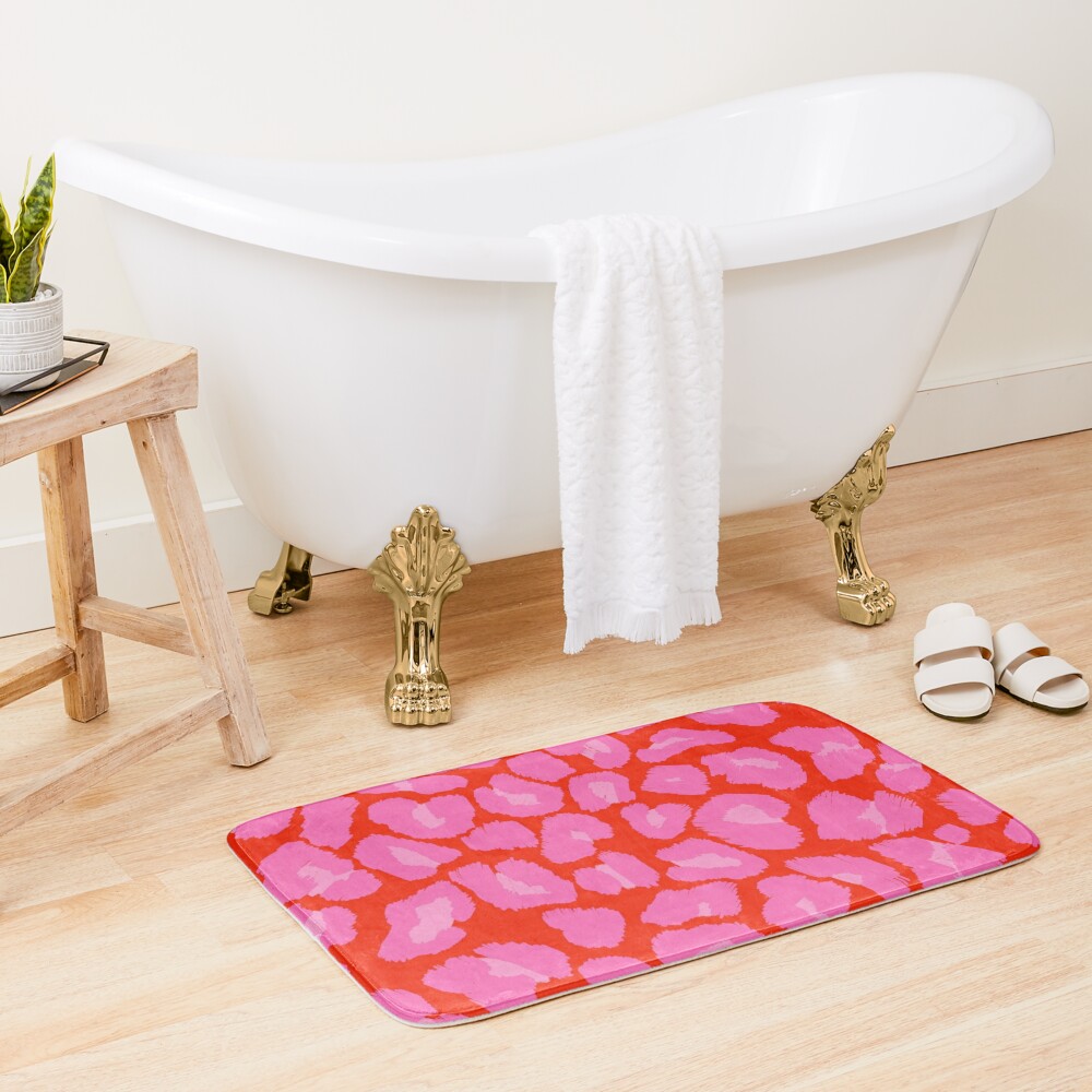 Textured Red and Pink Leopard Print  Bath Mat