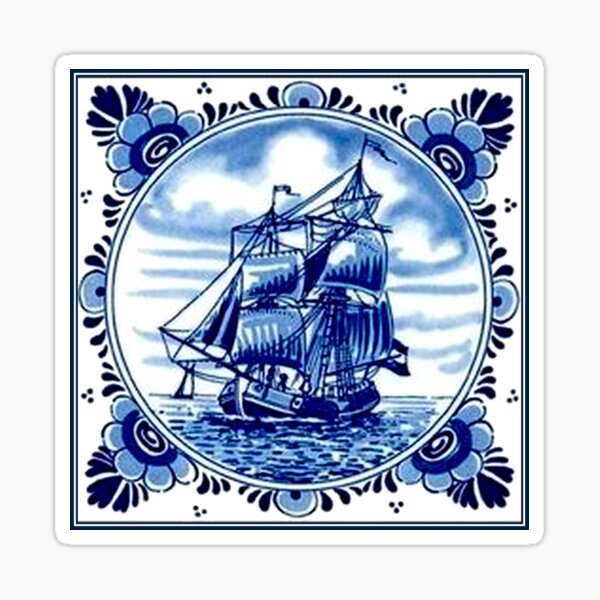 DUTCH BLUE DELFT : Vintage Sailboat and Tall Ship Print Sticker