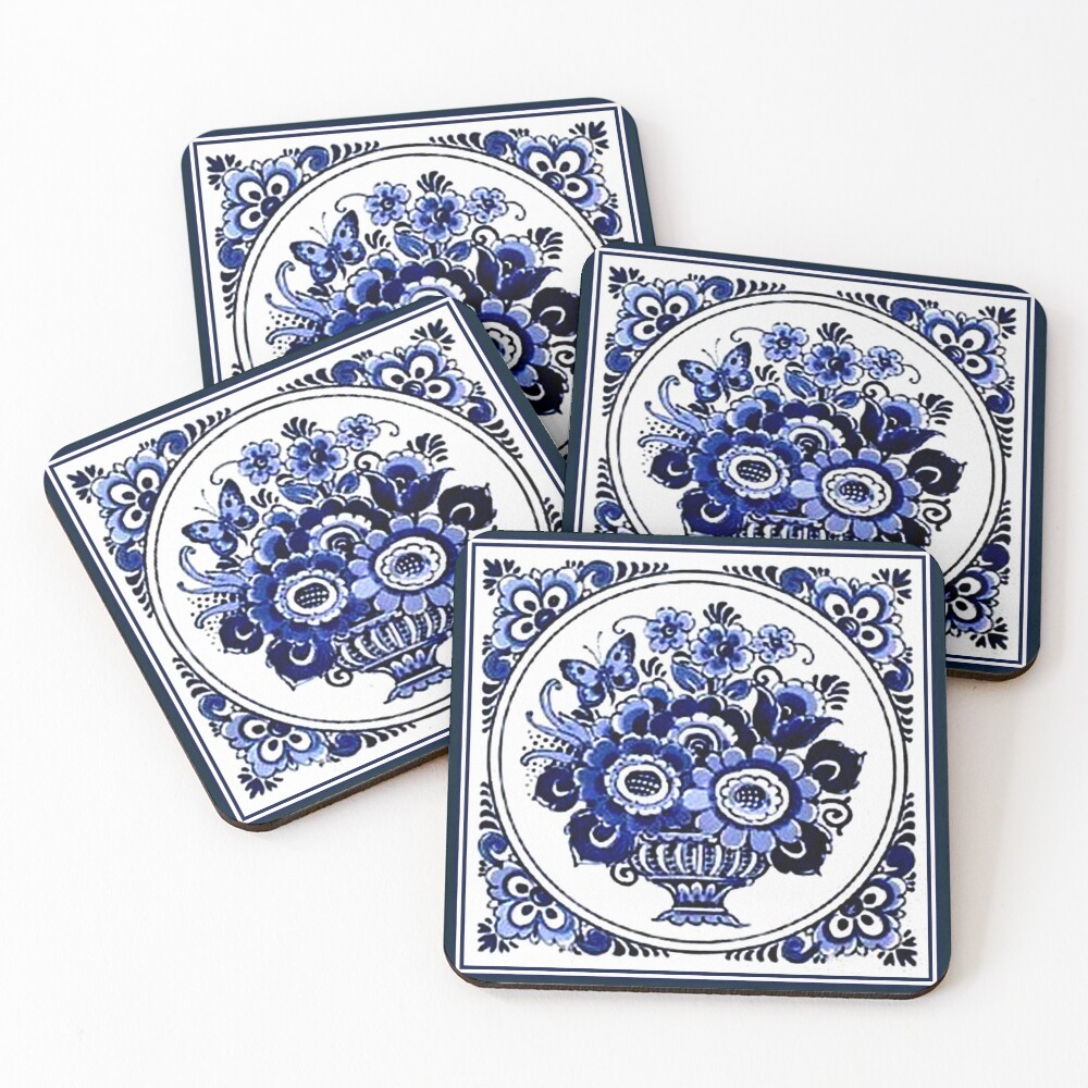 " DUTCH BLUE DELFT Vintage Flowerpot and Butterfly Print" Coasters
