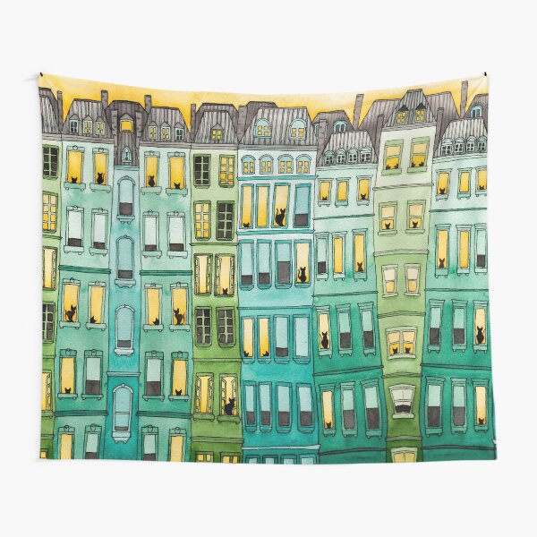 Cats in Green Townhouses Tapestry