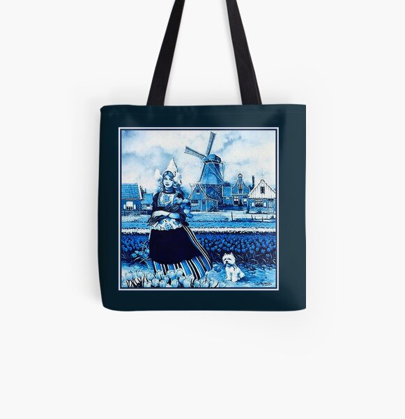 DUTCH BLUE DELFT : Vintage Windmill, Young Girl, Dog and tulips Print All Over Print Tote Bag