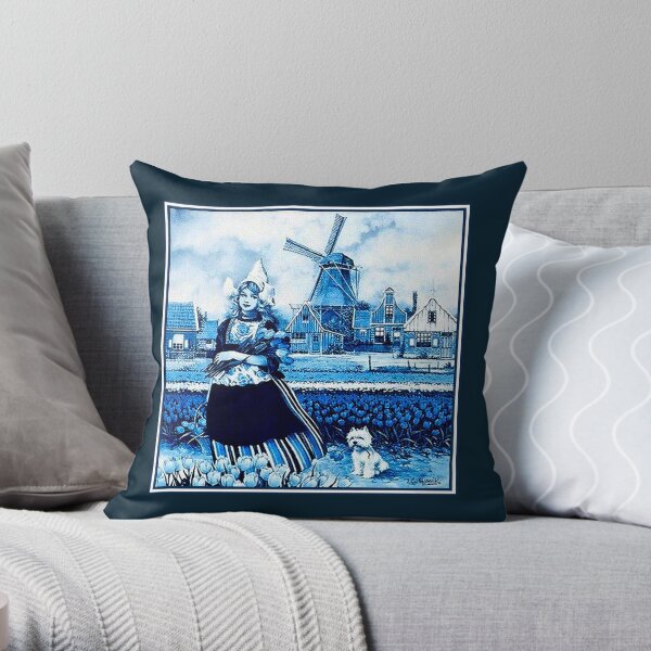 DUTCH BLUE DELFT : Vintage Windmill, Young Girl, Dog and tulips Print Throw Pillow