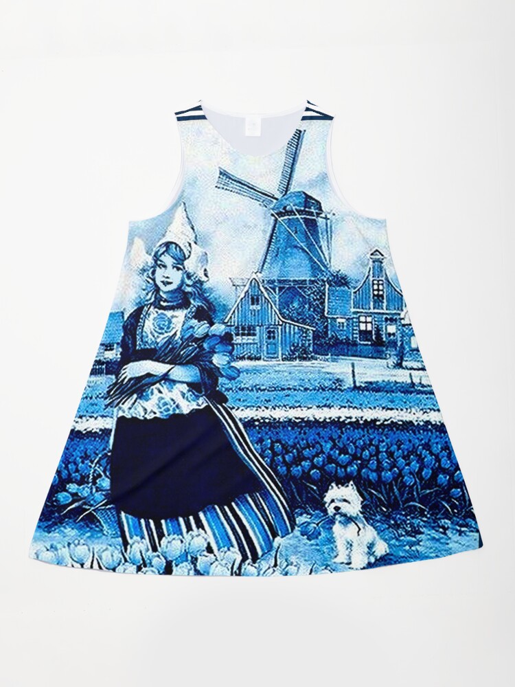 Dutch Blue Delft : Vintage Windmill, Young Girl, Dog And Tulips Print Delft A-Line Dress