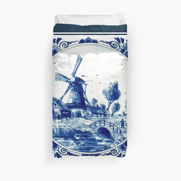 DUTCH BLUE DELFT : Vintage Windmill and Bridge Print Duvet Cover