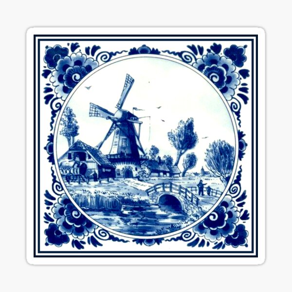 DUTCH BLUE DELFT : Vintage Windmill and Bridge Print Sticker