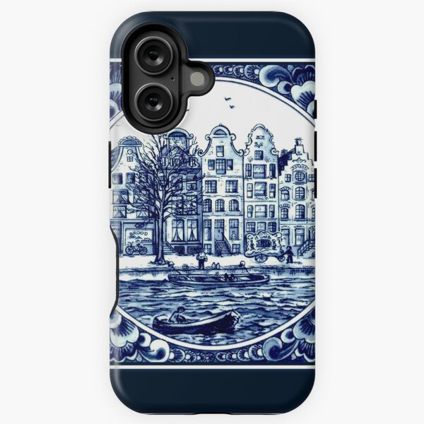 Aperçu de l'œuvre Impression de Delft bleu hollandais : bateaux anciens sur le canal d'Amsterdam créée et vendue par posterbobs.