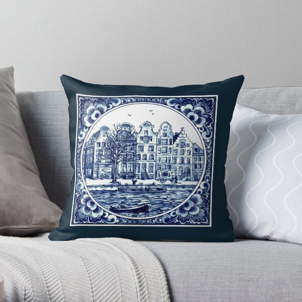 DUTCH BLUE DELFT : Vintage Boats in Canal Amsterdam Print Throw Pillow