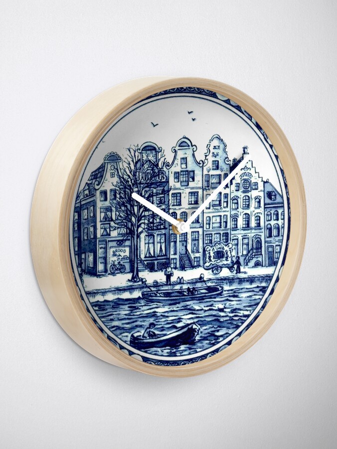 Alternate view of DUTCH BLUE DELFT : Vintage Boats in Canal Amsterdam Print Clock
