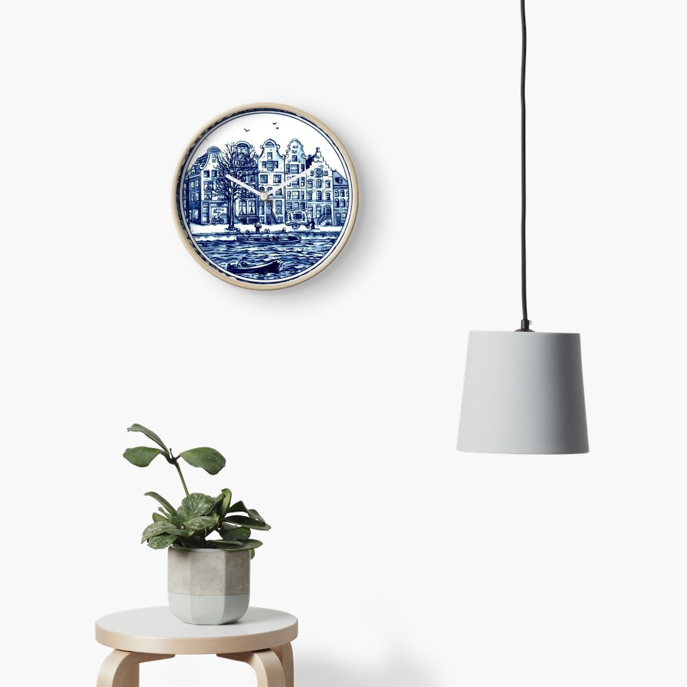 DUTCH BLUE DELFT : Vintage Boats in Canal Amsterdam Print Clock