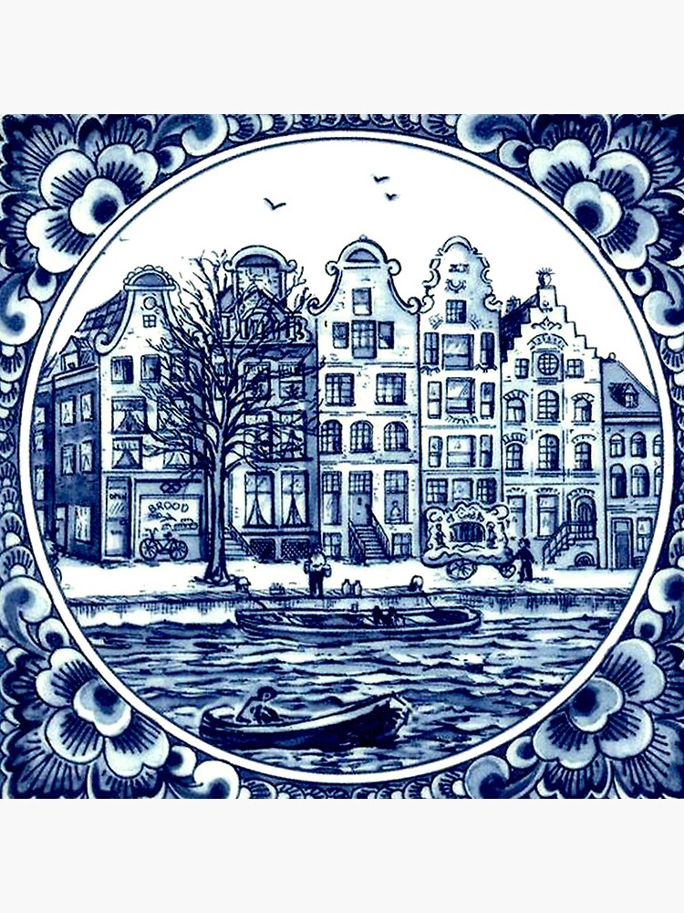 DUTCH BLUE DELFT : Vintage Boats in Canal Amsterdam Print by posterbobs